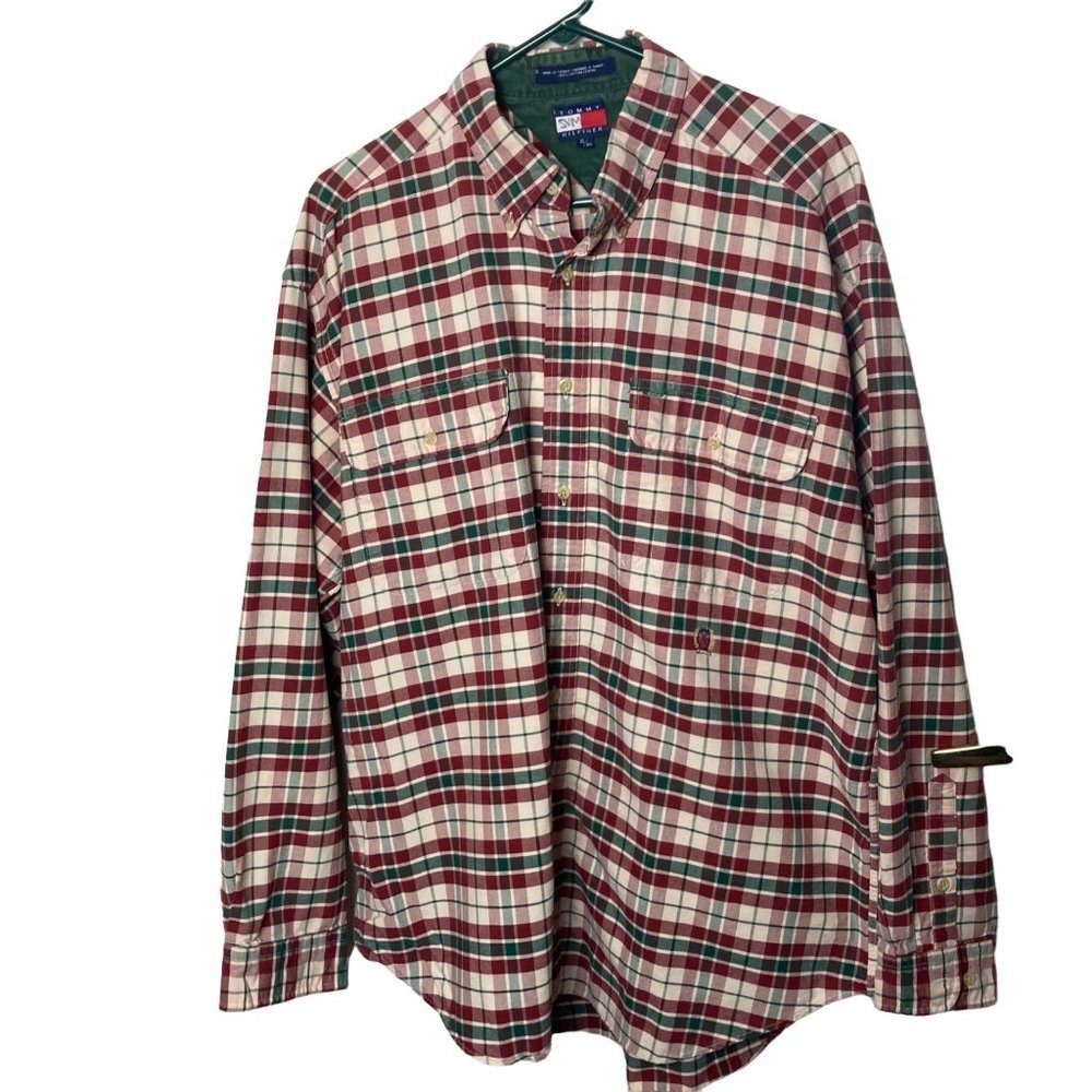Tommy Hilfiger Men Size XL Button Down Plaid Shirt 100% Cotton Christmas Colors